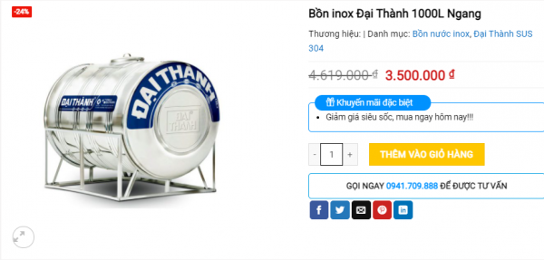 Giá bồn inox Đại Thành 1000l ngang