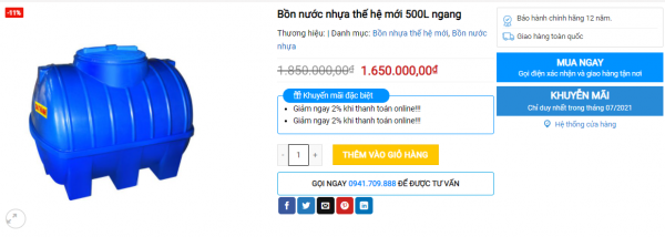 Bồn nhựa thế hệ mới 500l ngang