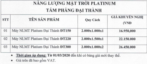 Bảng giá tham khảo của máy nước nóng năng lượng mặt trời Đại Thành dòng Platinum